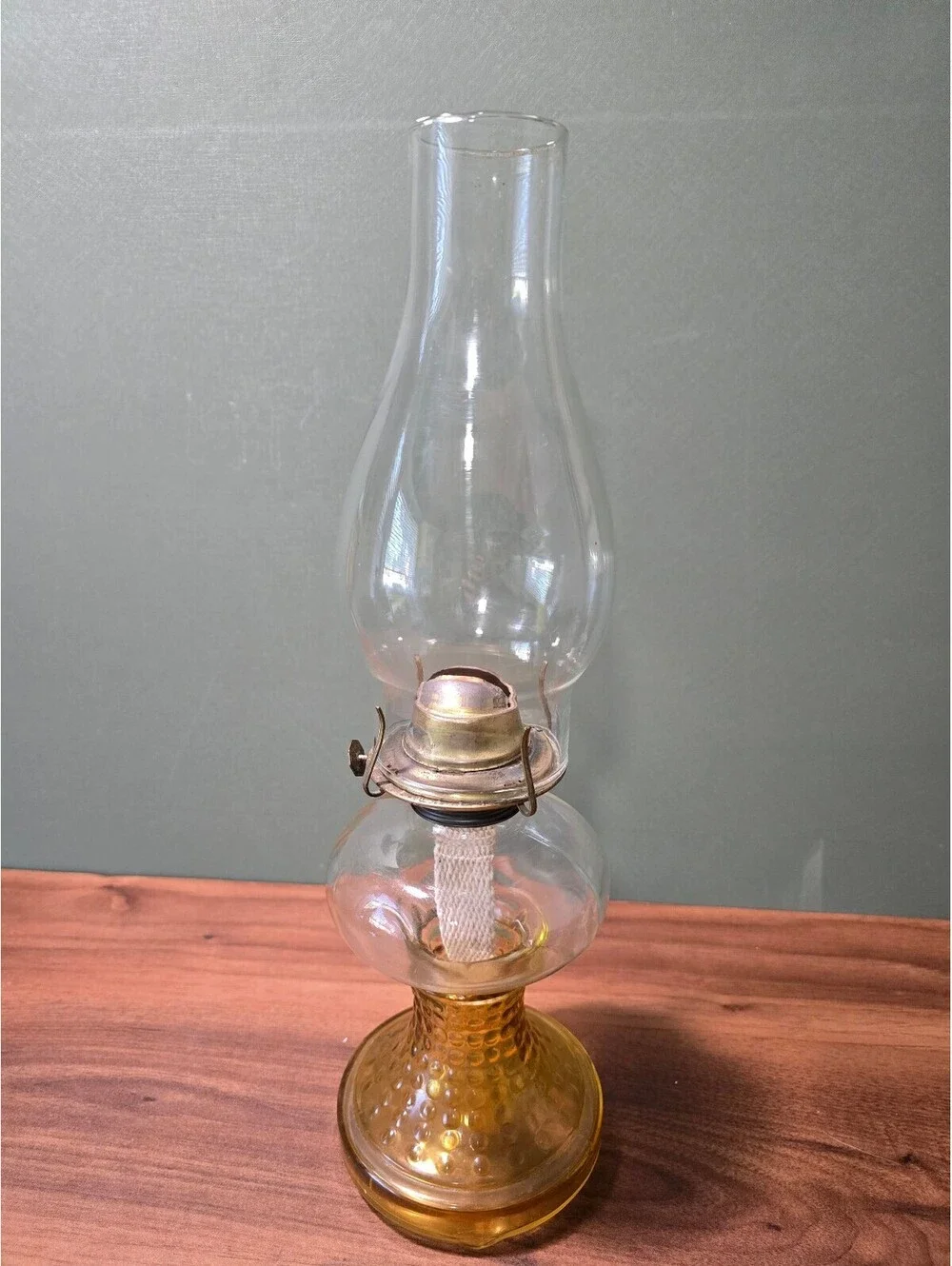 Vintage Amber Hobnail Glass Oill lamp with Clear Chimney Hurricane Light 16